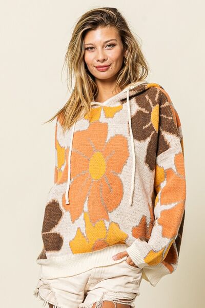 Floral Drawstring Hooded Sweater
