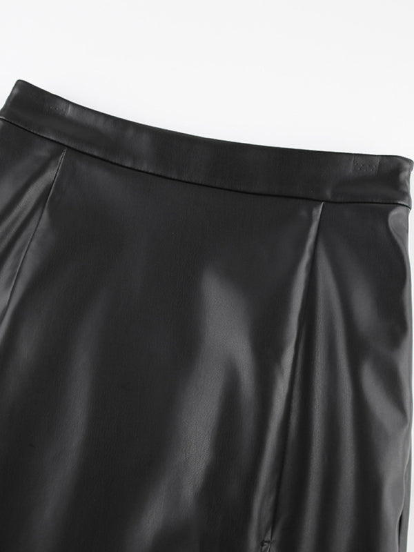 Slit leather high waist skirt