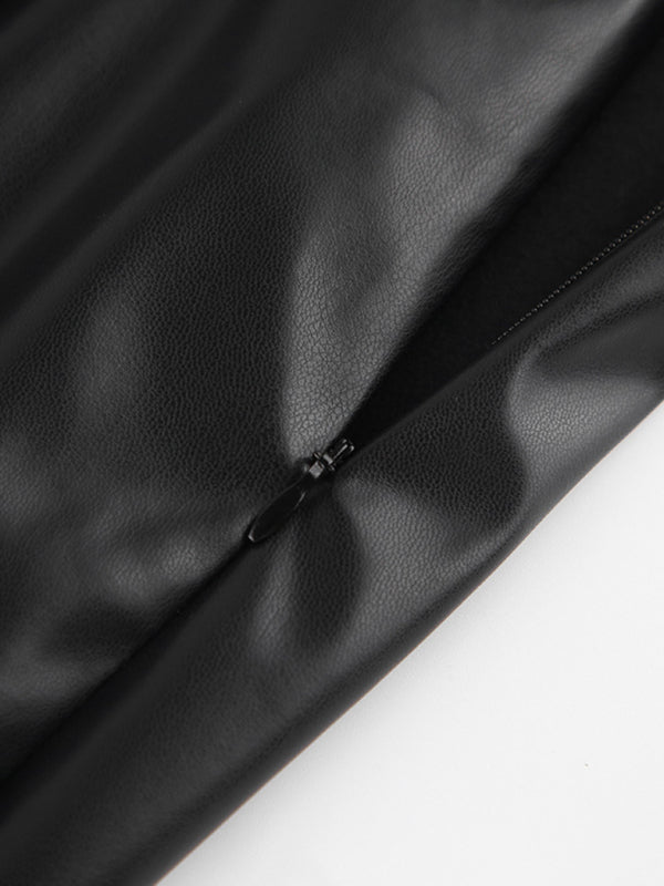 Slit leather high waist skirt