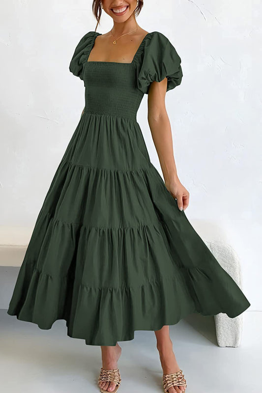 Women's Solid Color Square Neck Backless Puff Sleeve Pleated Dress